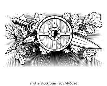 Viking, diseño escandinavo. Escudo viking, espada guerrera y rama de roble con hojas y bellotas - un símbolo de coraje, aislado en ilustración blanca vectorial