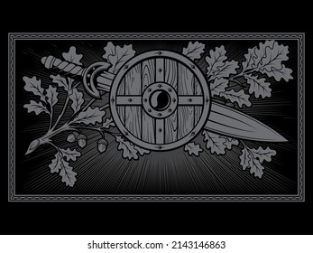 Viking, skandinavisches Design. Viking Schild, Kriegerschwert und Eichenzweig mit Blättern und Ecken - ein Symbol des Mutes einzeln auf Schwarz, Vektorgrafik