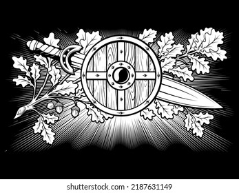 Viking, Scandinavian design. Viking shield, warrior sword and oak branch with leaves and acorns - a symbol of courage, isolated on white, vector illustration