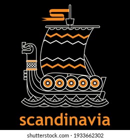 Viking Scandinavian design. The Viking ship is a Drakkar. Old Norse pattern and Runic symbols, isolated on black, vector illustration