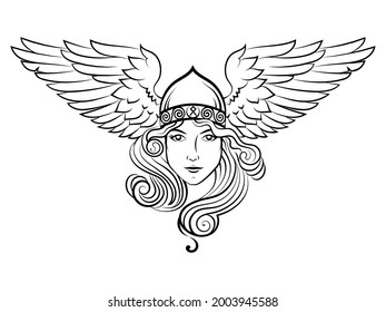 Viking, Scandinavian design. Valkyrie in a winged helmet. Image of Valkyrie, a woman warrior from Scandinavian mythology, isolated on white, vector illustration