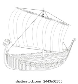 Viking scandinavian draccar in line art. Norman ship sailing. Vector illustration isolated on white background.