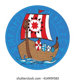 Viking scandinavian draccar on blue waves. Vector illustration
