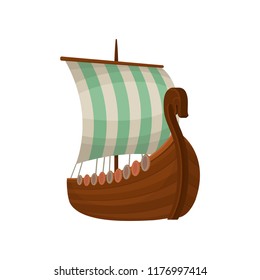 Viking scandinavian draccar with sails, Norman ship vector Illustration on a white background