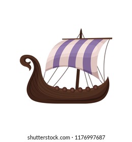 Viking scandinavian draccar with striped sails, Norman ship sailing vector Illustration on a white background