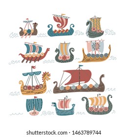 Viking scandinavian draccars set, Norman ship with color vector Illustrations isolated on a white background. 11 viking boat norway drakkar vector doodle icons for kids.