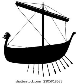 Viking scandinavian drakkar silhouette. Norman rowing ship sailing. Vector illustration isolated on white background.