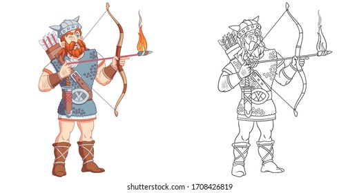 Viking, scandinavian or roman warrior. Coloring page and colorful clipart character. Cartoon design for t shirt print, icon, logo, label, patch or sticker. Vector illustration.