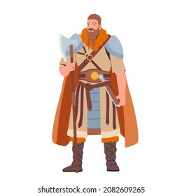 Viking, Scandinavian Warrior Male Character with Tressed Beard, Wear Cape, Holding Armor Axe and Dagger on Belt Isolated on White Background. Personage of Nordic Legends. Cartoon Vector Illustration