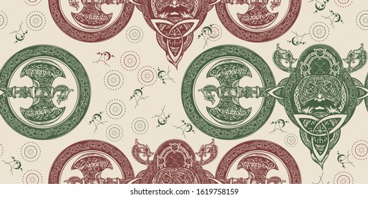 Viking. Seamless pattern. Packing old paper, scrapbooking style. Vintage background. Medieval manuscript, engraving art. Axe, dragons. Scandinavian mythology  