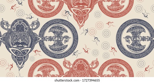 Viking. Seamless pattern. Packing old paper, scrapbooking style. Vintage background. Medieval manuscript, engraving art. Axe, dragons. Scandinavian mythology 