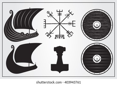 Viking set of design elements. Icon of Drakkar, Mjolnir. Shield and Vegvisir - Icelandic magic symbol of guidence.