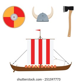 Viking set with helmet, axe, drakkar ship and shield vector icon isolated, scandinavian