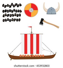 Viking set with helmet, axe, drakkar ship and shield raster icon isolated, scandinavian. Elder Futhark runes. Old Norse Scandinavian runes. Germanic letter. Alphabet