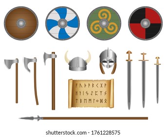 Conjunto de viking: escudos, cascos, hachas, espadas, lanza, correas. Vector.