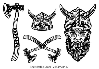 Viking set of vector objects or design elements isolated on white background. Hand drawn. Not AI generated