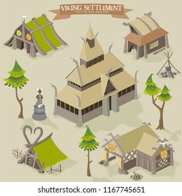 Viking settlement vector map buider isometric illustration of scandinavian norseman buildings collection