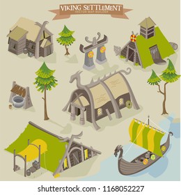 Viking settlement vector map buider isometric illustration of scandinavian norseman buildings collection