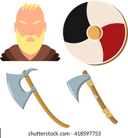 Viking with shield and ax on a white background