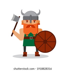A Viking with a shield and an axe. Vector illustration in flat style