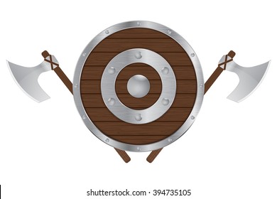 Viking shield and axe. Vector illustration isolated on white background.