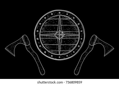 Viking shield and axes. Hand drawn sketch. Vector illustration on black background
