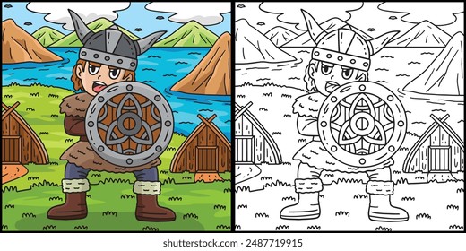 Vikingo con un escudo para colorear ilustración de página