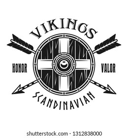 Viking shield and crossed arrows vector emblem, label, badge, logo or t-shirt print in monochrome style isolated on white background