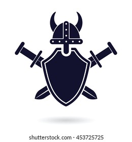 viking shield and crossed swords security protection logo abstract vector illustration