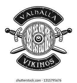 Viking shield and crossed swords vector emblem, label, badge, logo or t-shirt print in monochrome style isolated on white background