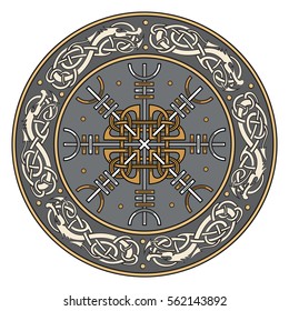 Viking shield, decorated with a Scandinavian pattern of dragons and Aegishjalmur, Helm of awe (helm of terror), Icelandic magical staves, isolated on white, vector illustration