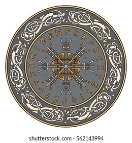 Viking shield, decorated with a Scandinavian pattern of dragons and Aegishjalmur, Helm of awe (helm of terror), Icelandic magical staves, isolated on white, vector illustration