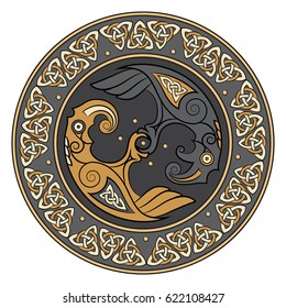 Viking shield, decorated with a Scandinavian pattern and Ravens of God Odin. Huginn and Muninn, isolated on white, vector illustration