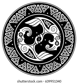 Viking shield, decorated with a Scandinavian pattern and Ravens of God Odin. Huginn and Muninn, isolated on white, vector illustration