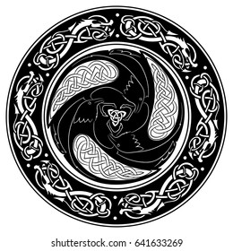 Viking shield, decorated with a Scandinavian pattern and Ravens of God Odin. Huginn and Muninn, isolated on white, vector illustration