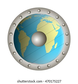 Viking shield with the emblem of the globe. Vector illustration.