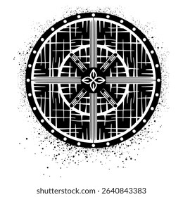 Viking shield graffiti with black hand drawn spray paint
