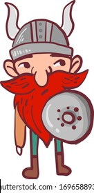 Viking with shield, illustration, vector on white background