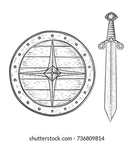 Viking shield and sword. Hand drawn sketch. Vector illustration isolated on white background