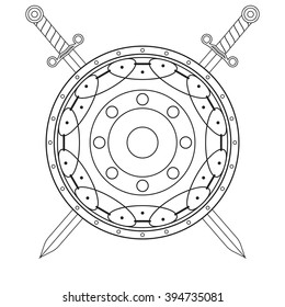Viking shield and swords icon. Vector illustration isolated on white background.