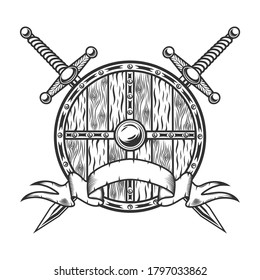 Viking shield with two crossed swords and ribbon in vintage monochrome style isolated vector illustration