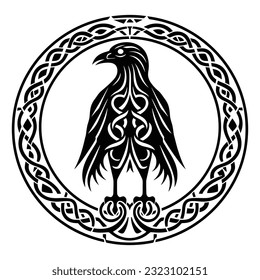 Viking shield vector with Scandinavian ornament and raven. radiational ancient Viking sacred pattern. Sign of Celtics.