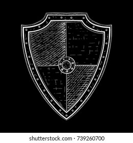 Viking shield. White hand drawn sketch on black background. Vector illustration