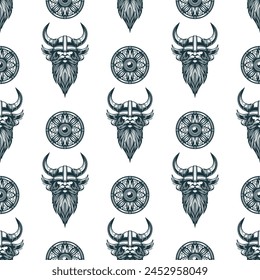 Escudos vikingos y cabeza de guerrero en un casco. Patrón sin costuras.  Ilustración vectorial de grabado celta dibujada a mano para el fondo, textil y papel de envoltura