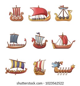 Viking ship boat drakkar icons set. Cartoon illustration of 9 viking ship boat drakkar vector icons for web