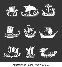 Viking ship boat drakkar icons set vector white isolated on grey background 