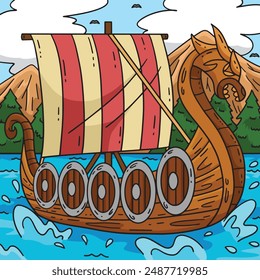 Viking Ship Colored Cartoon Illustration