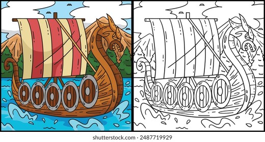 Viking Ship Coloring Page Colored Illustration