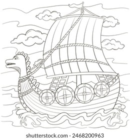 Viking ship coloring page, marine vessel theme for coloring book in black and white style for children and adult