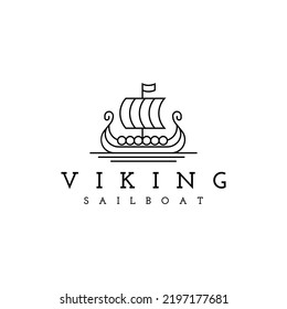 viking ship drakkar with line art style vector logo design